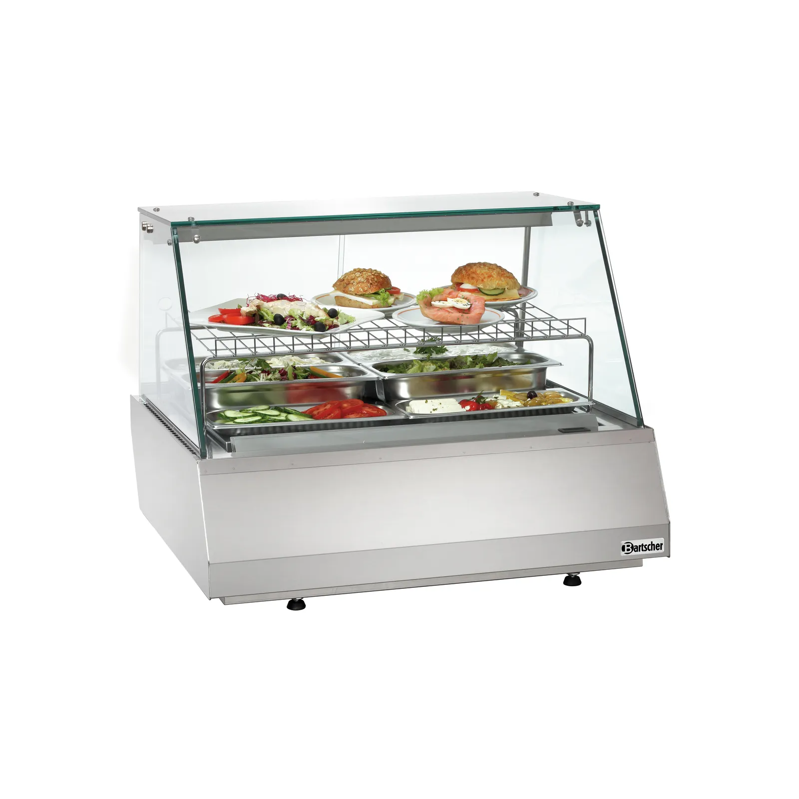 Bartscher 406055 Kalte Theke 2/1 GN Kantglas Ansicht Komplett gefüllt, Schnitztheke, Buffetdisplay, Glasvitrine, Speiseauslage, Metallrahmen