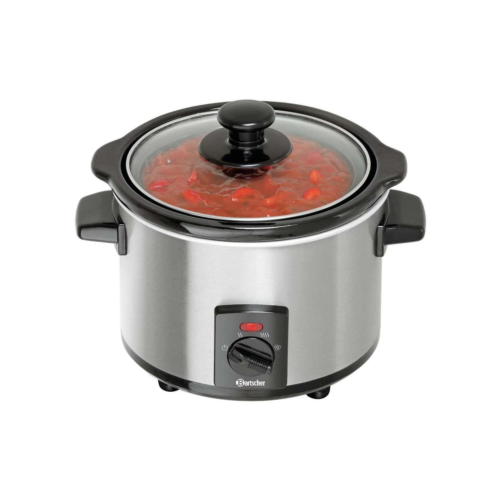 Bartscher A100266 Speisenwaermer Ansicht Komplett von oben mit Essen, Slow cooker, Edelstahl, Glasdeckel, Schwarze Akzente, Temperaturregelung