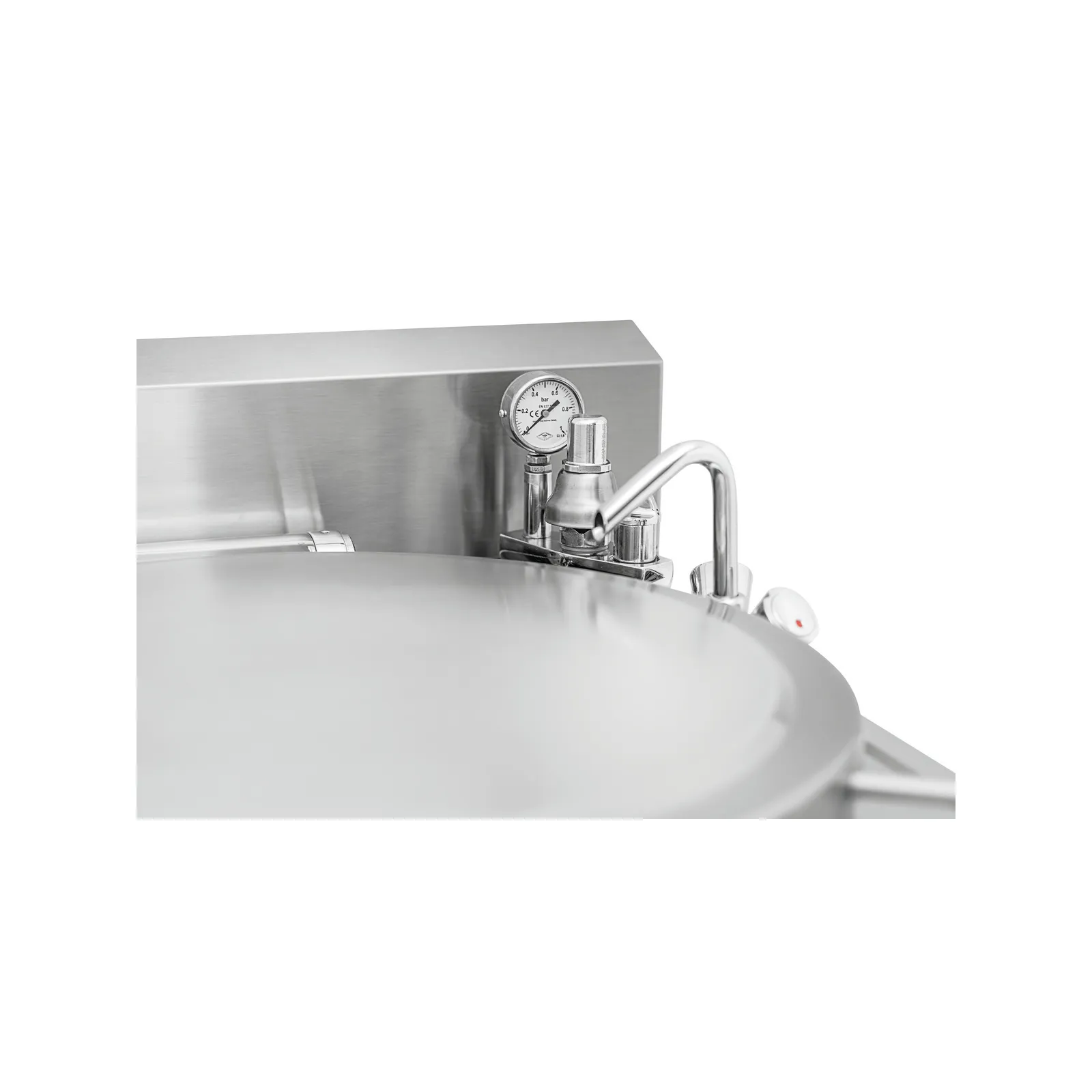 Bartscher 2800021 Kochkessel G113L Nahansicht Wasserhahn, geschlossener Deckel, Industrie-Kessel, Sichtfeld-Kessel, Dampfregler, Messgerät, Edelstahl