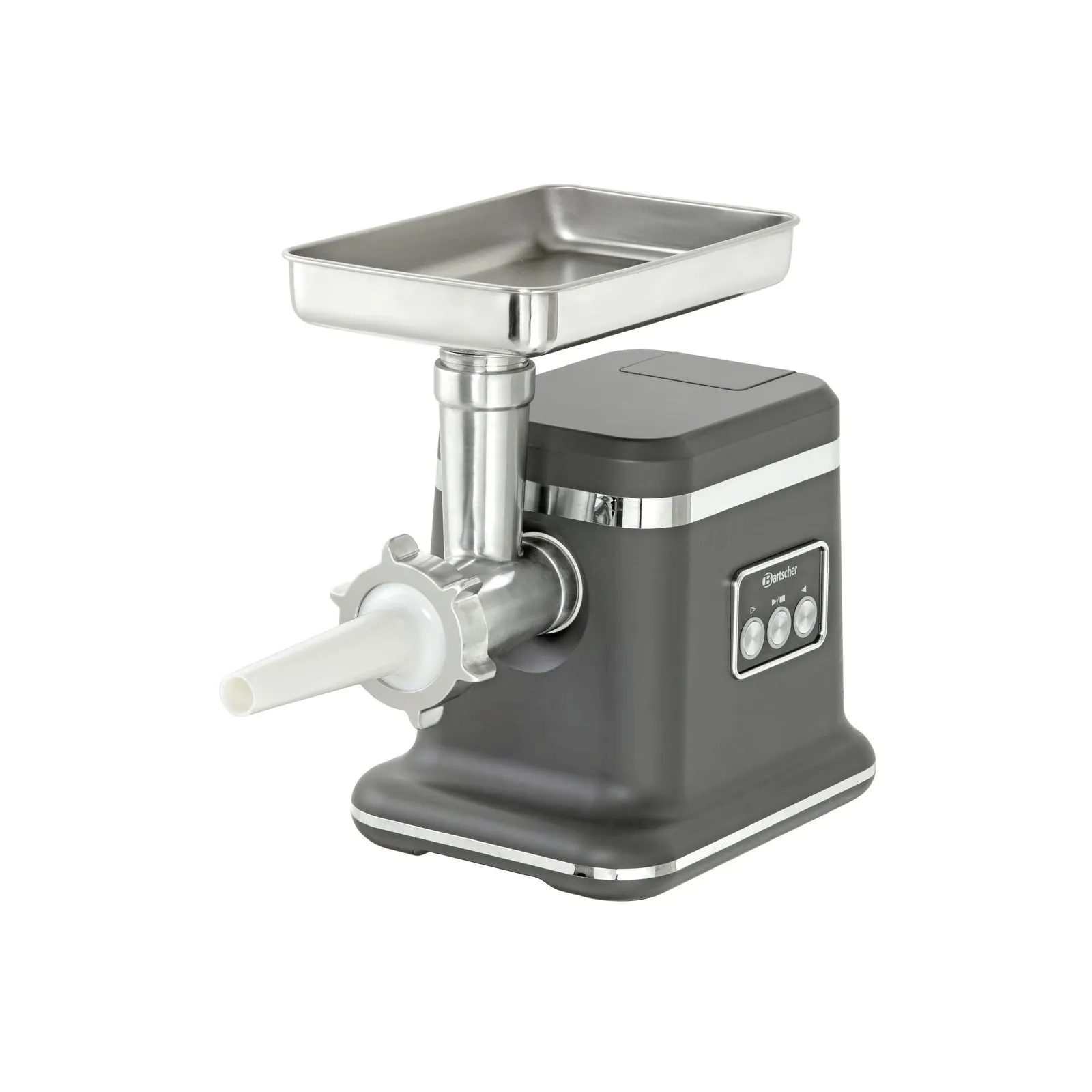 Bartscher 370224 Fleischwolf FW10 Ansicht Komplett mit Wurstfüllhorn, Fleischwolf, Küchenmaschine, Edelstahl, Trichter, Grau