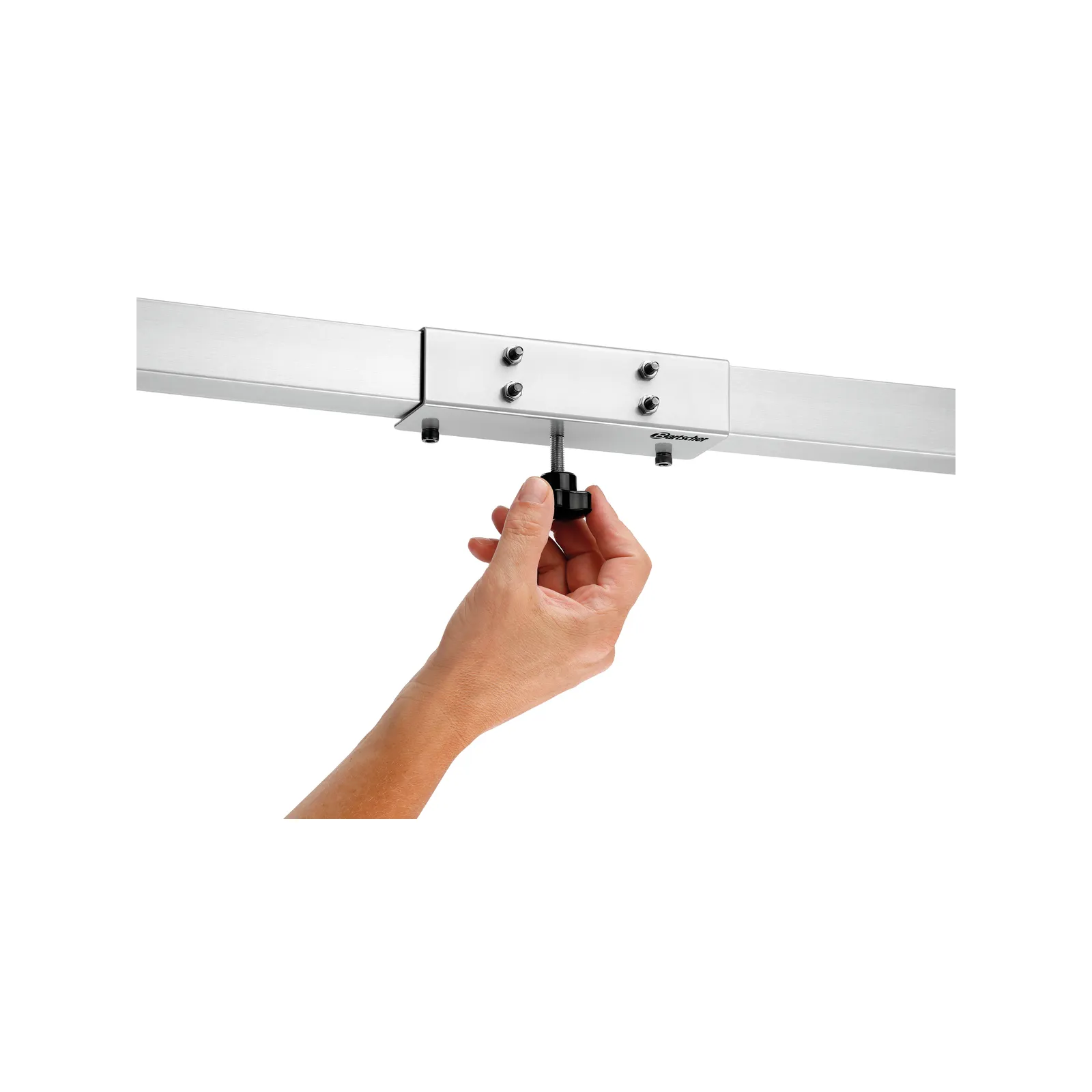 Bartscher 825222 Heizstrahler-Halterung W3000 Ansicht Komplett an Stange, Schienenbefestigung, Montagehalter, Halterung, Stangenführung, Knopflochadjuster