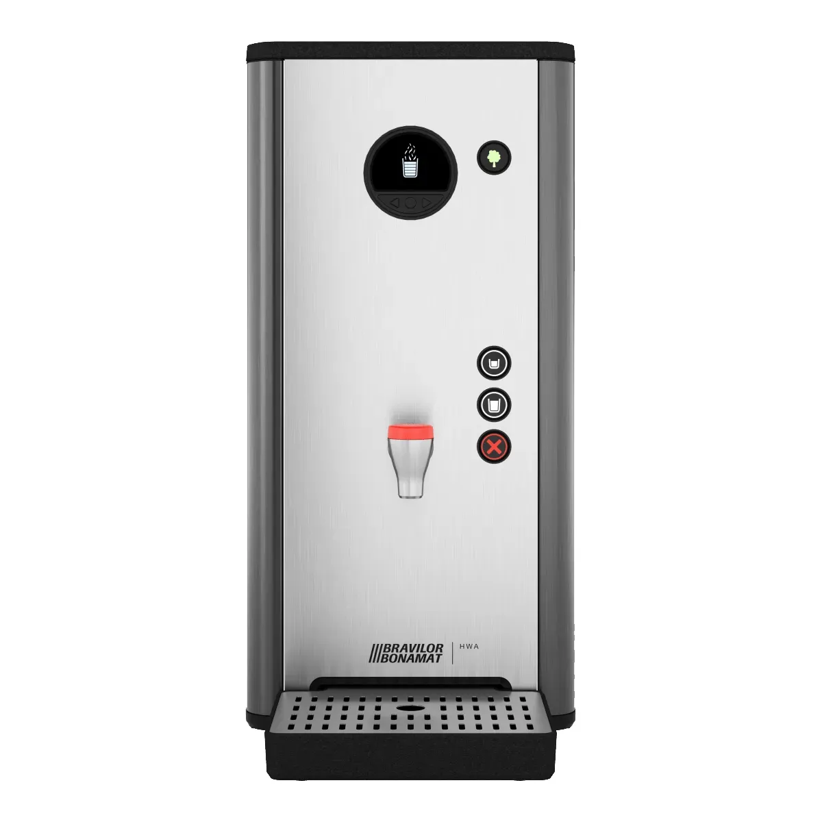 Bravilor Bonamat Heisswassergeraet HWA14D 8.060.170.32002 Frontansicht, Kaffeemaschine, Brüheinheit, Kaffeeauslauf, Edelstahl, Druckdisplay