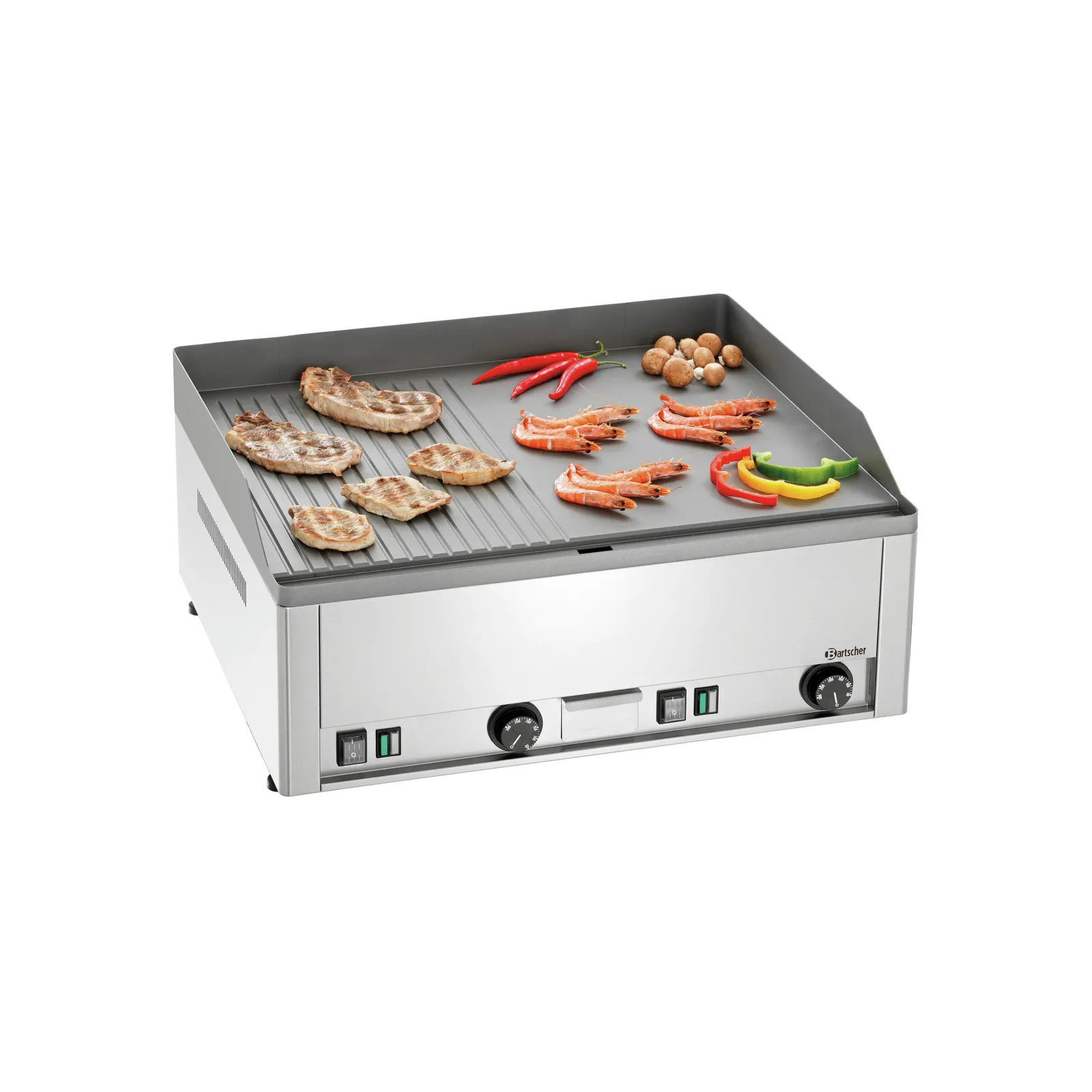 Bartscher 370036 Griddleplatte GDP 650E-GR Ansicht Komplett mit Essen, Grillplatte, Grill, Grillpfanne, Fleisch, Gemüse