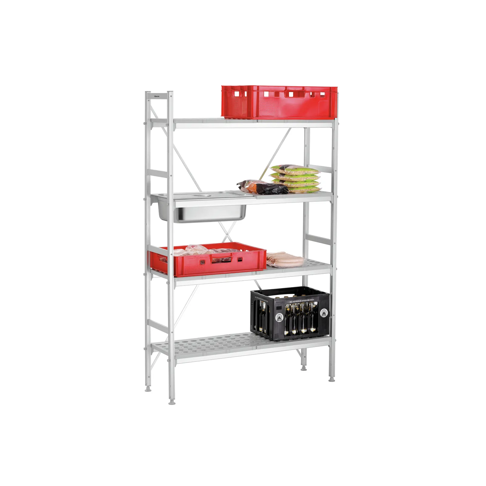 Bartscher 603175 Regalsystem Kit 4 B1070 Ansicht Komplett gefüllt, Lagerregal, Metallregal, Auffangsstellt, Schublade, Lagerkorb