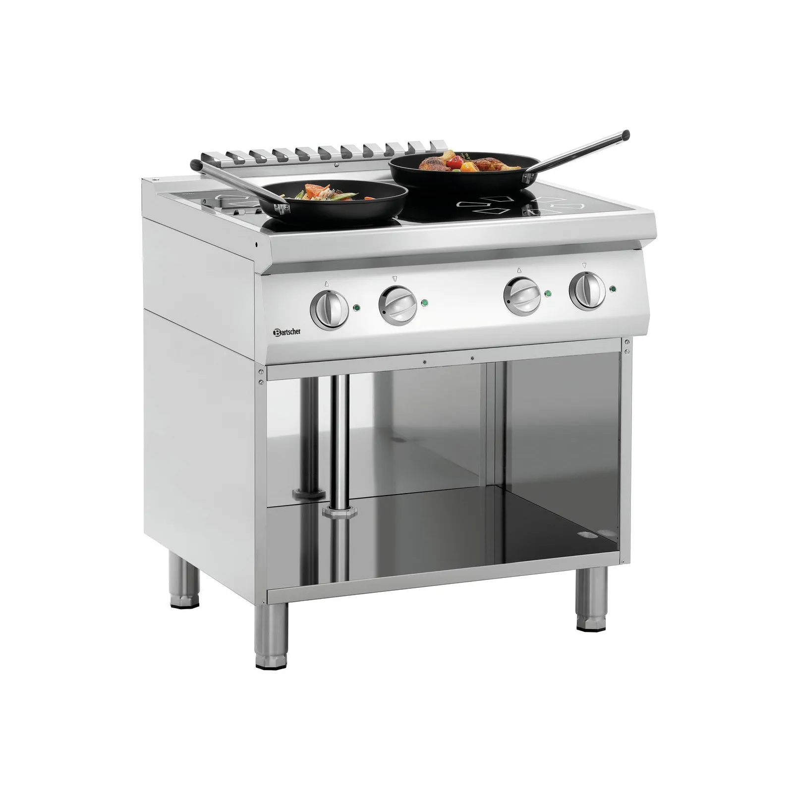 Bartscher 286421 Induktionsherd 700 4FLOU-1 Ansicht Komplett, mit Pfannen, gas range, 4-burner, stainless steel, oven cabinet, knobs