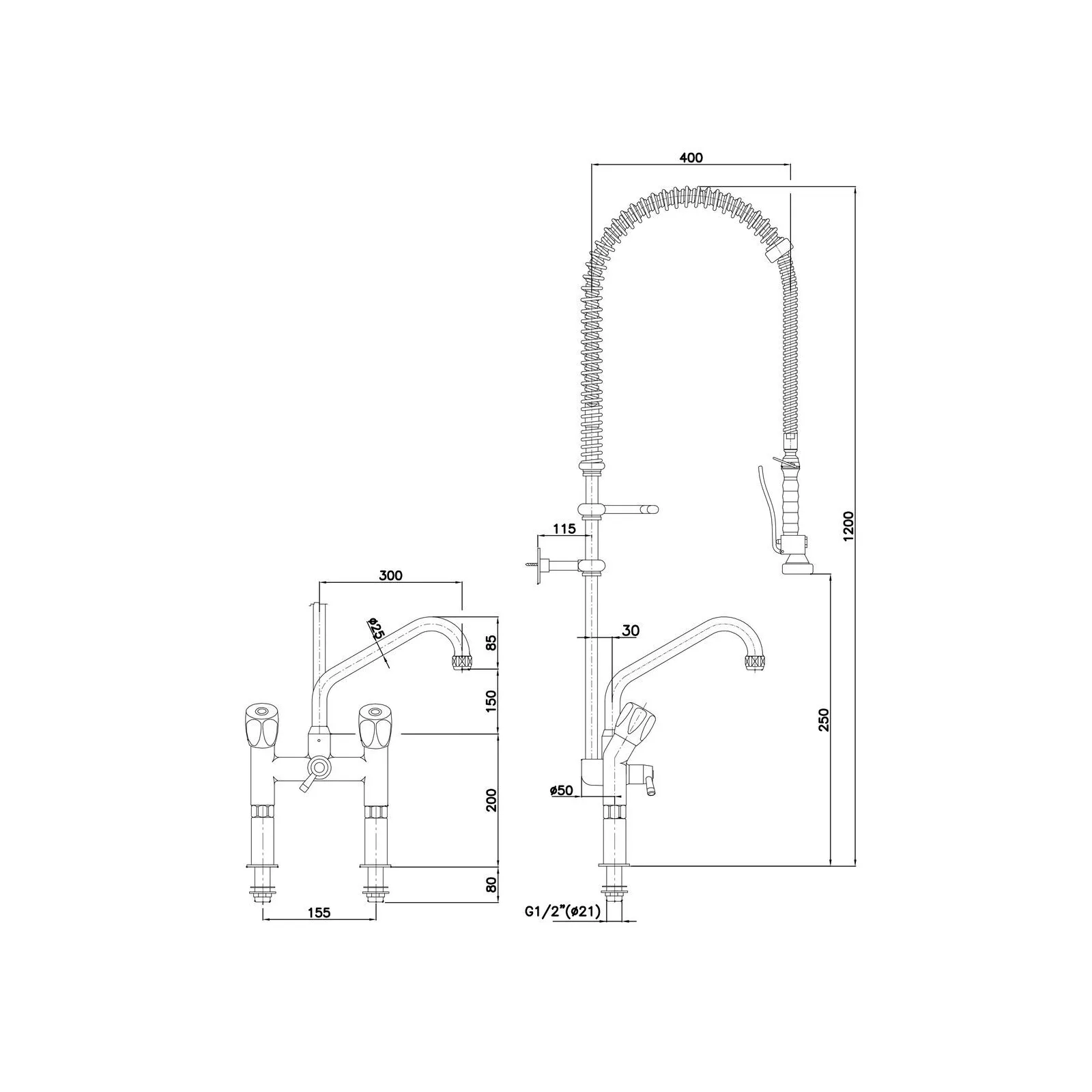 Bartscher 400137 Zweigriffmischer 40L-1802B technische Zeichnung, küchenarmatur, spülarmatur, schwenkbrause, hochdrucksprühkopf, rohrbrause
