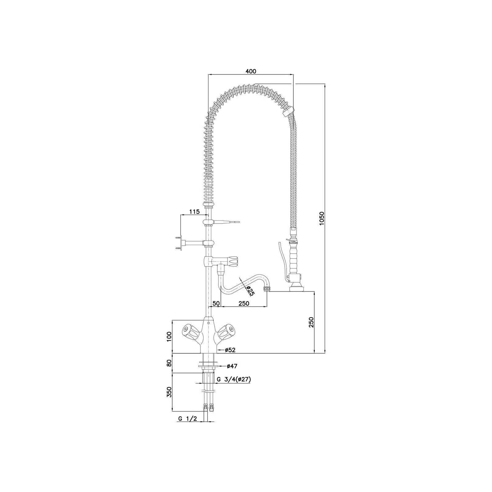 Bartscher 400136 Zweigriffmischer 26L-1801B technische Zeichnung, Küchenarmatur, Ausziehbarer Sprüher, Spiralfeder, Messing-Optik, Zweigriff