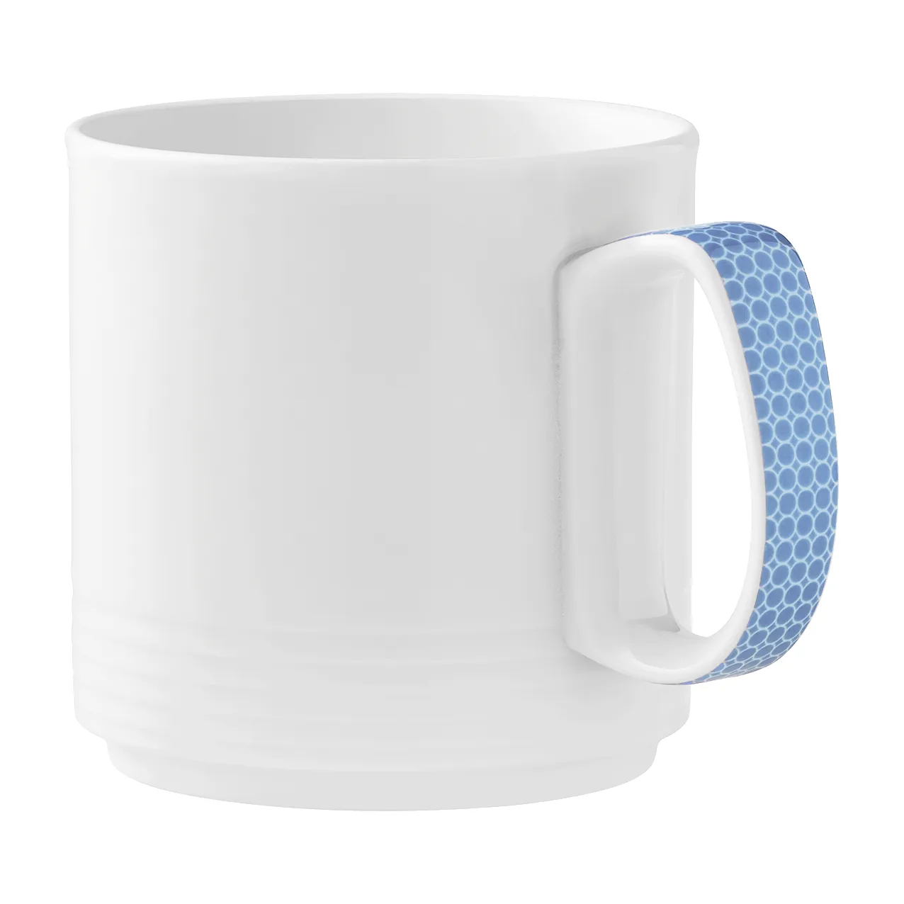Bauscher Care Invita Dialog Spezialbecher seitlich blau Tasse Kaffeetasse Weiß Hochglanz Griff weißer Becher, Keramikbecher, Kaffee-Becher, blauer Henkel mit Muster, einfacher weißer Becher