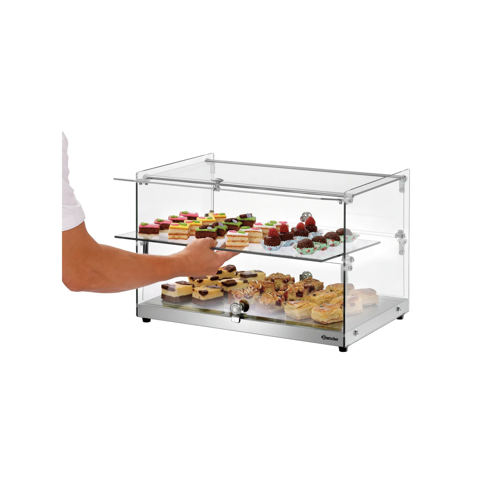 Bartscher 700356 Buffetvitrine 5400 2E-K Ansicht Komplett mit Essen offen in Benutzung, Glasvitrine, Kühlvitrine, Dessertdisplay, Backwarenregal, Mehrschichtig