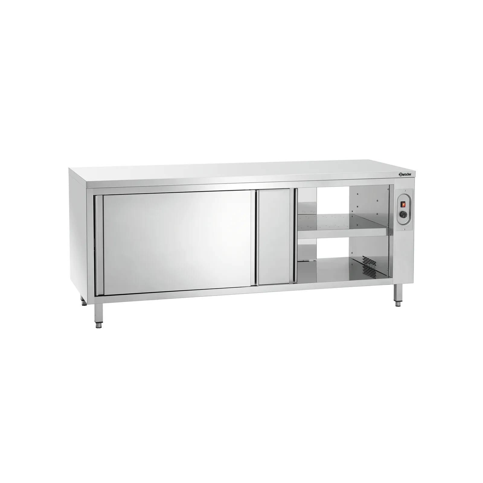 Bartscher 346207 Wärmeschrank 700-4T 2000 Ansicht Komplett, geöffnet, Kühlvitrine, Stählerner Unterschrank, Glastür, Metall, Kühlschranktresen