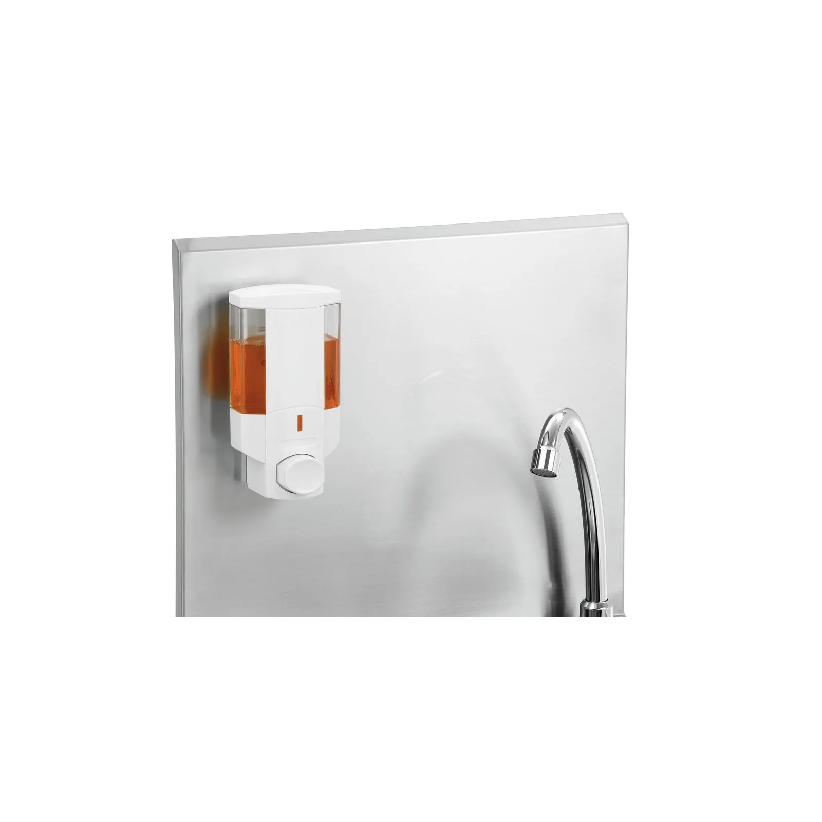 Bartscher 401621 Handwaschbecken W10-KB Plus Ansicht Seifenspender, Seifenspender, Schaumspender, Wandhalter, Edelstahl, orange Flüssigkeit
