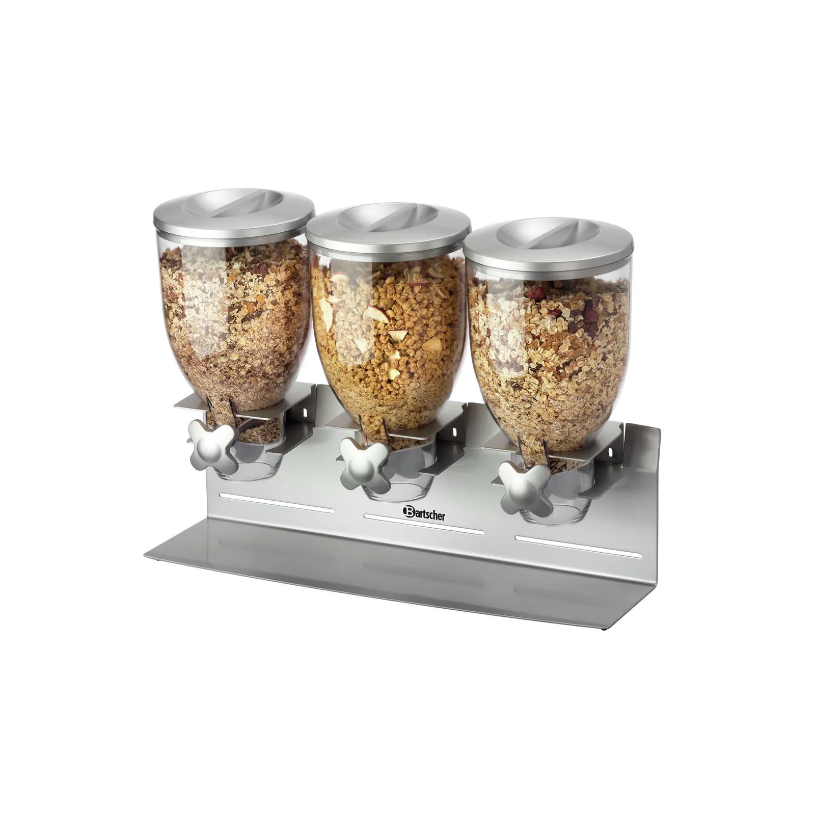 Bartscher 500379 Cerealienspender 3-fach Ansicht Komplett gefüllt, Müsli-Spender, Müsli-Behälter, Getreidebehälter, Küchenhalter, 3er-Set Spender