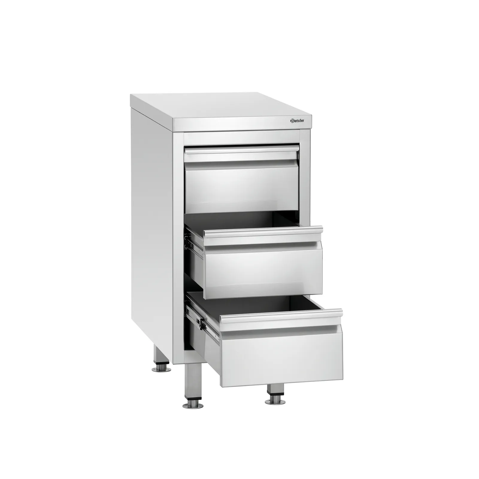Bartscher 337307 Schubladenschrank 700S3 Ansicht Komplett, Schubladen geöffnet, Küchenschrank, Schubladen, Stahl, Edelstahl, Küchenunterschrank
