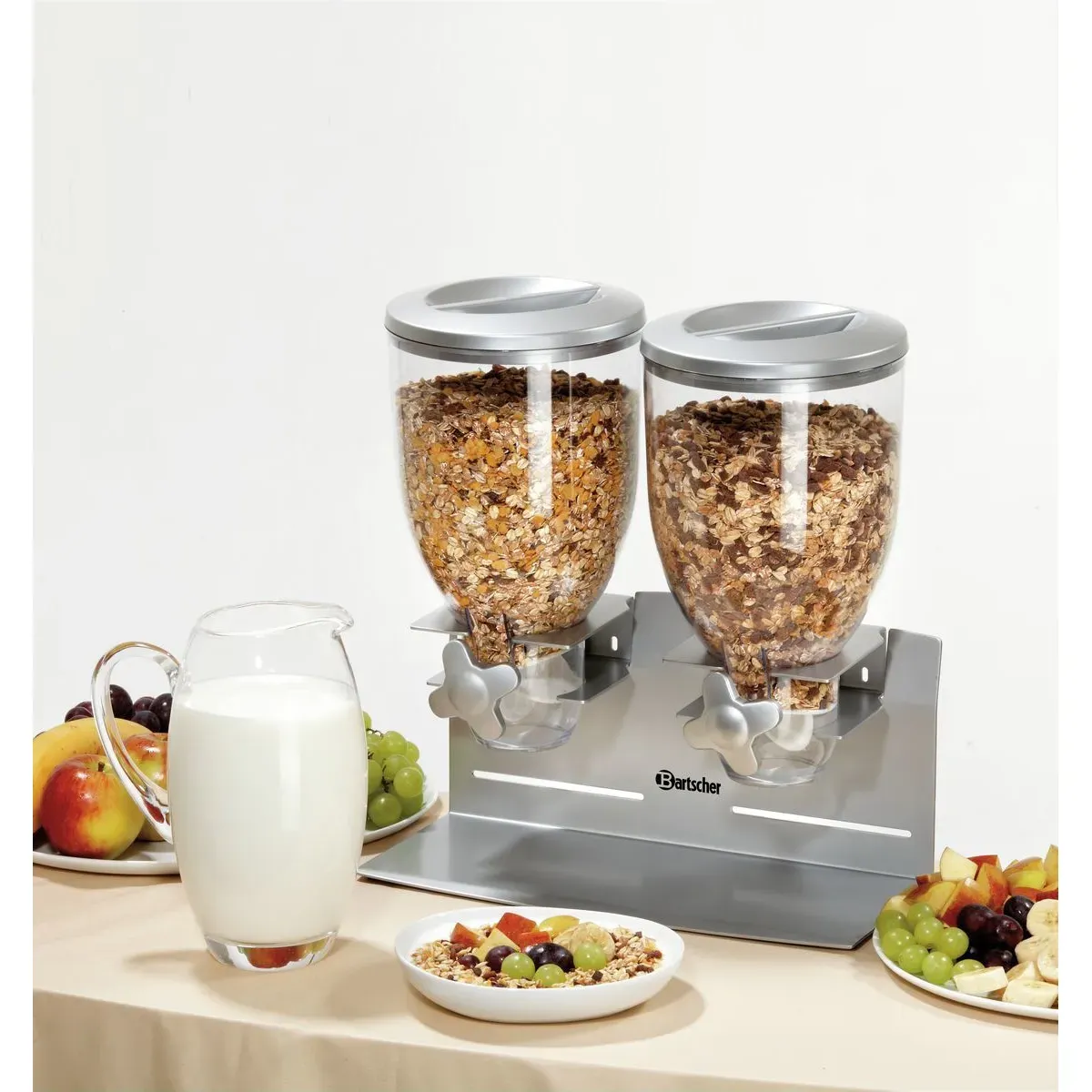 Bartscher 500378 Cerealienspender 2-fach Ansicht Komplett gefüllt auf Buffet, Getreideautomat, Müslispender, Kornspender, Frühstücksgerät, Großes Behältersystem