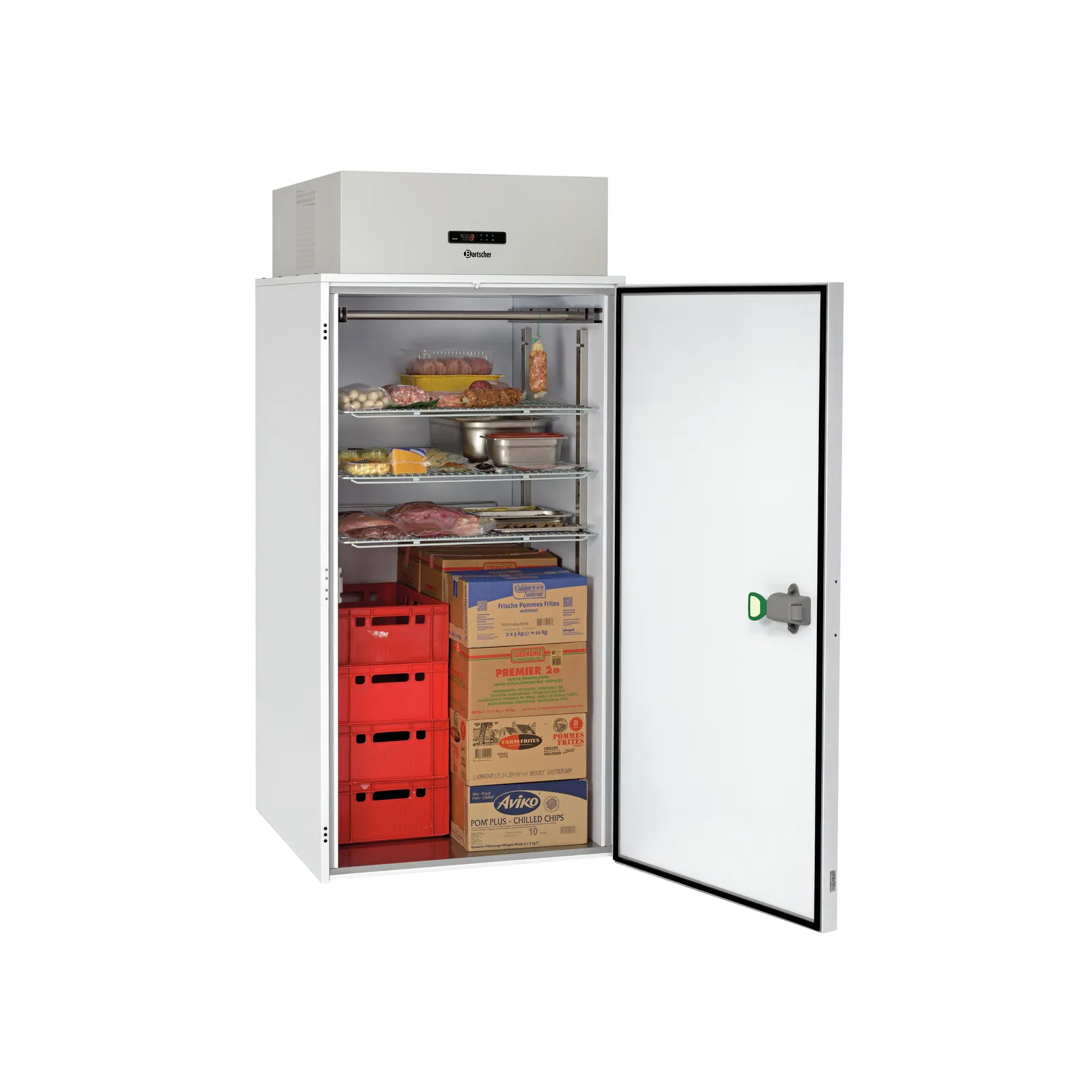 Bartscher 700690 Mini-Kuehlzelle 1240L Ansicht Komplett offen gefüllt, Gefrierschrank, Kühlgerät, Schrankkühlung, Lebensmittel lagern, Trockenlagerung
