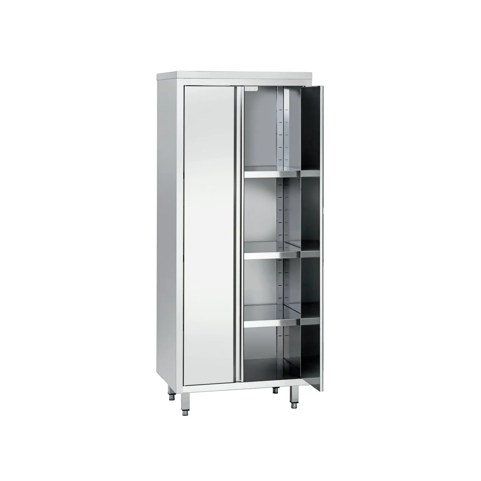 Bartscher 386080 Hochschrank 600 B800 2FT CNS Ansicht Komplett Tür geöffnet, Metallschrank, Schrank, Schiebetür, Regal, Stahl