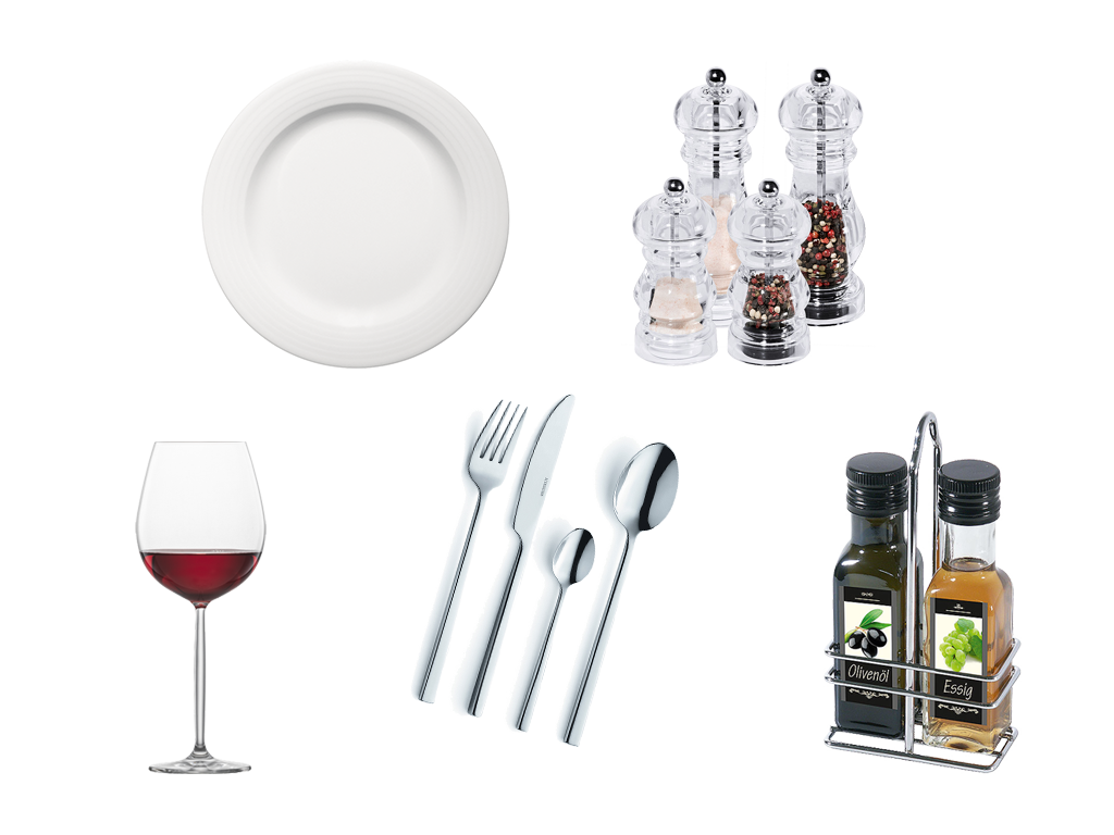 Kleinteile für den gedeckten Tisch wie Porzellan und Besteck