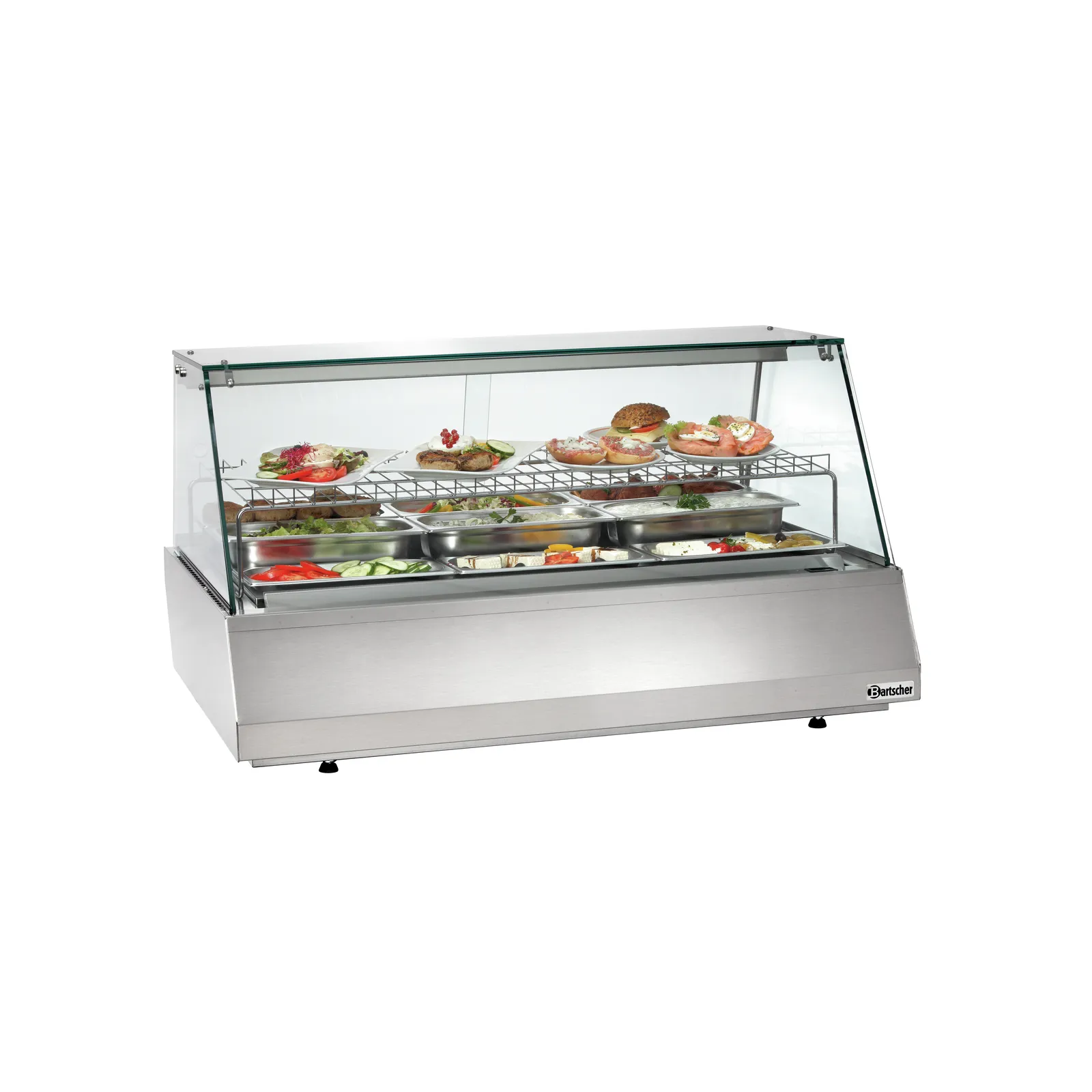 Bartscher 406056 Kalte Theke 3/1 GN Kantglas Ansicht Komplett gefüllt, Buffet-Anzeige, Lebensmittelanzeige, Speisenstation, Edelstahl, Glasfront