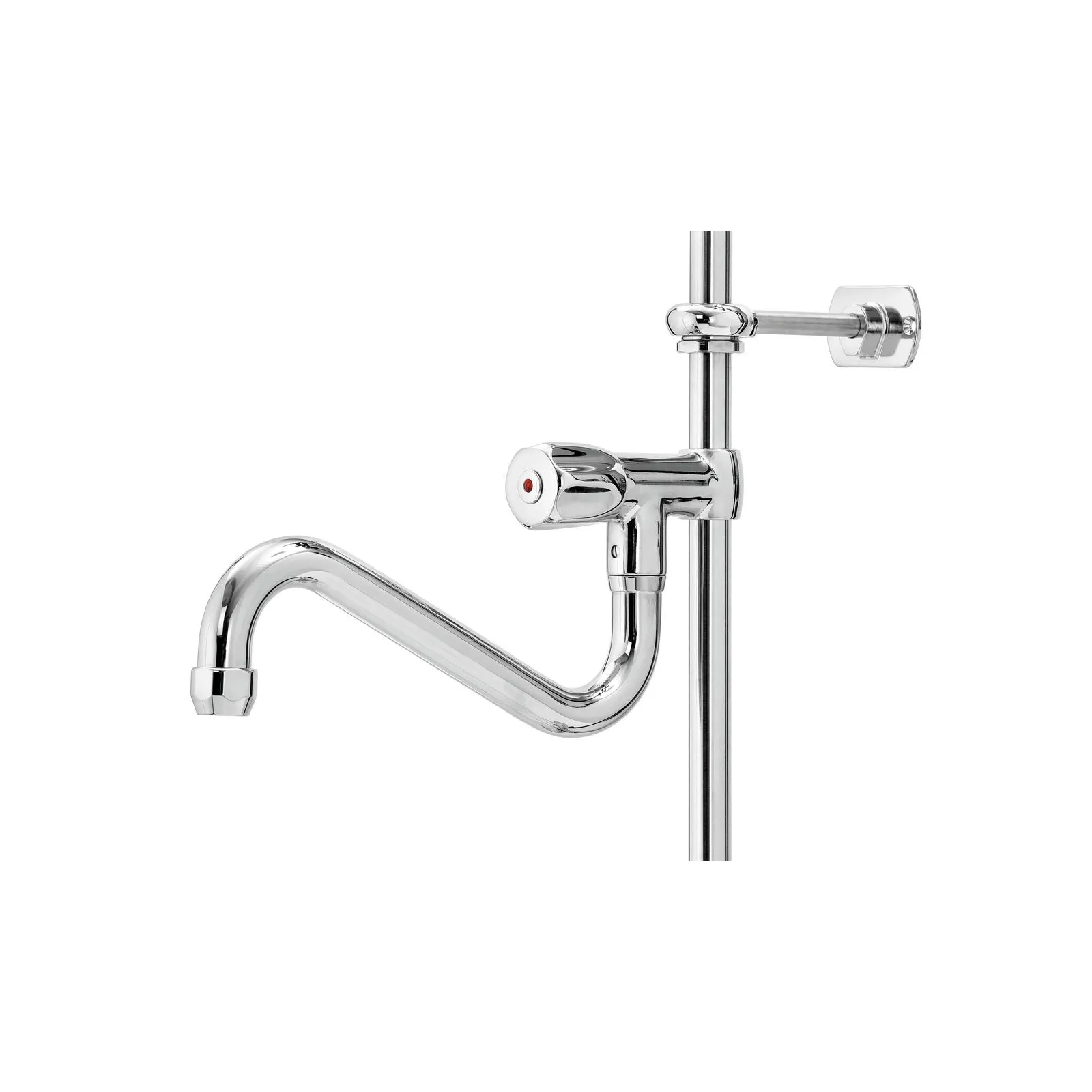 Bartscher 400136 Zweigriffmischer 26L-1801B Nahansicht Wasserhahn, Waschbeckenhahn, Wandhalterung, Chrom, Einhebelmischer, Rohrbiegung