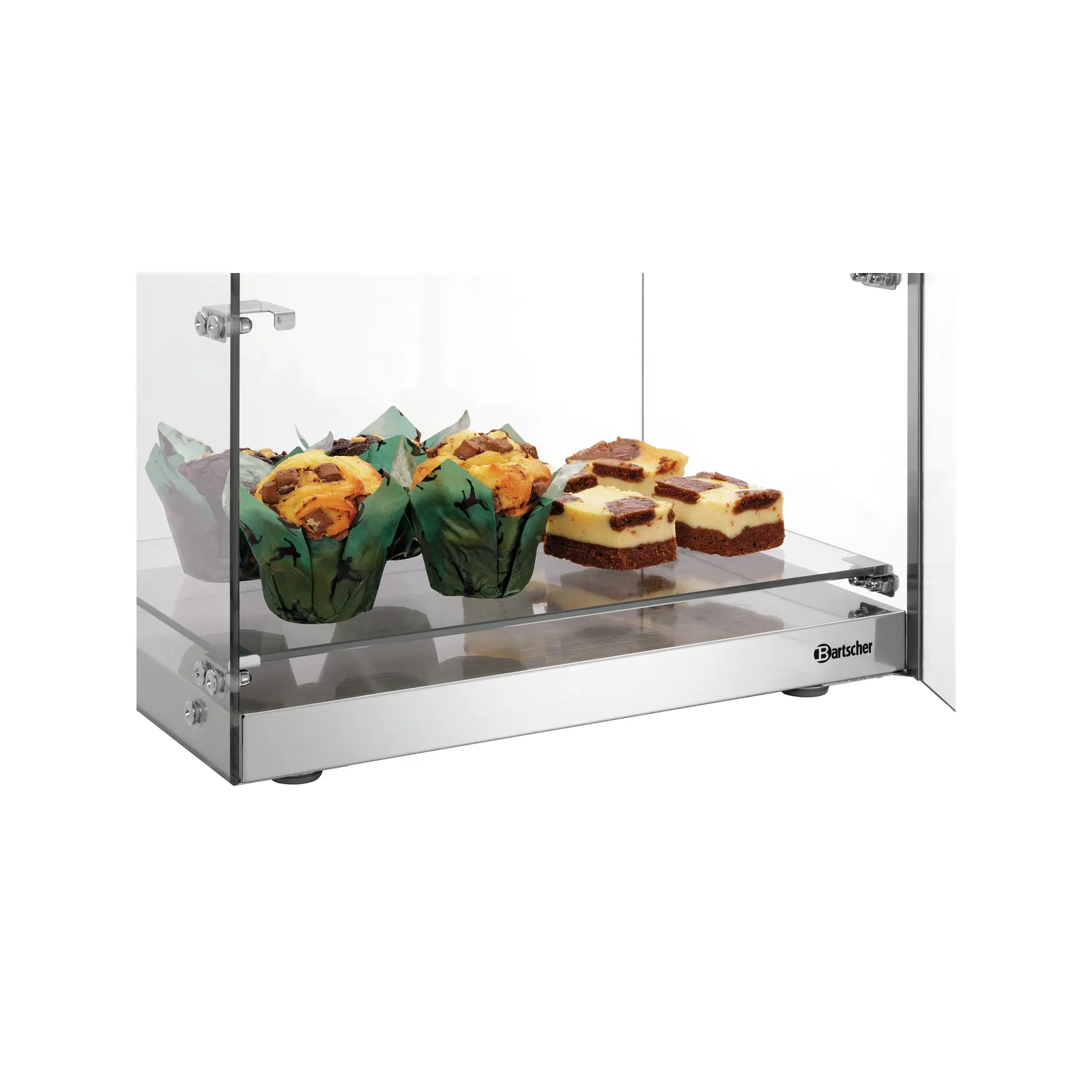 Bartscher 700357 Buffetvitrine 3850 3E-K Ansicht nah mit Essen, Kuchen, Cupcake, Glasvitrine, Backwaren, Dessert