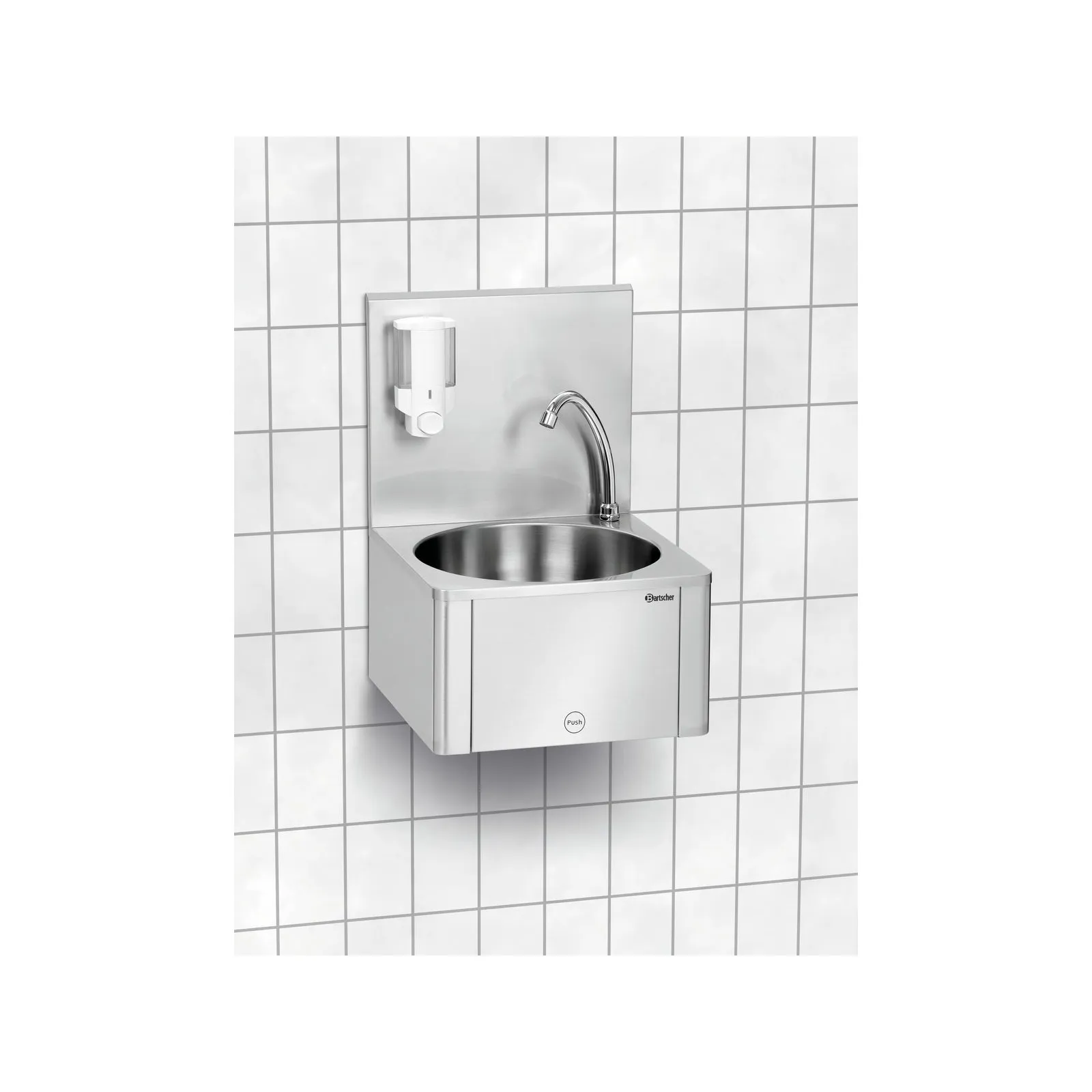 Bartscher 401621 Handwaschbecken W10-KB Plus Ansicht Komplett an der Wand, Waschbeckenspender, Kassettenspender, Spüleinheit, Wandspeicher, Waschbecken
