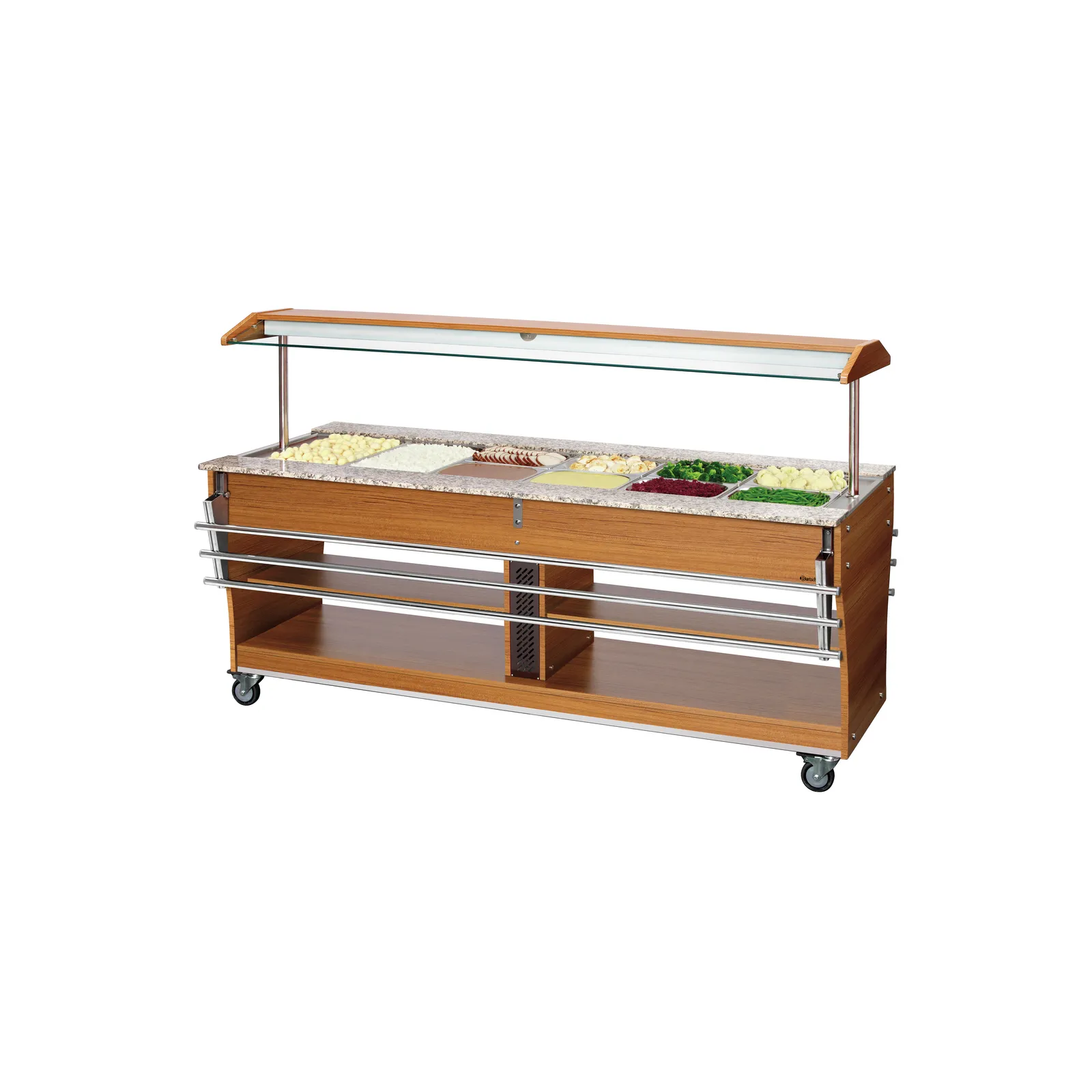 Bartscher 125504 Tablettrutsche 1 Stück 6x 1/1 GN Ansicht an Buffetwagen, eingeklappt, Buffet-Station, Servierwagen, Vitrine, Holz Metall, Trennwand