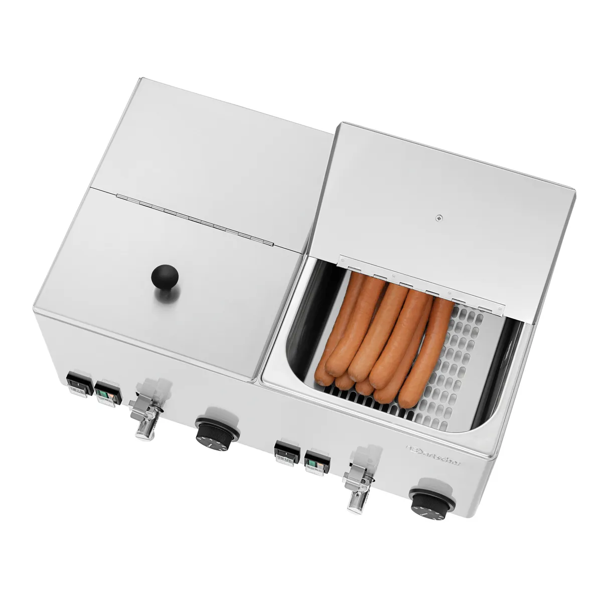 Bartscher A120466 Wuerstchenwaermer eine Seite geöffnet mit Blick auf Würste