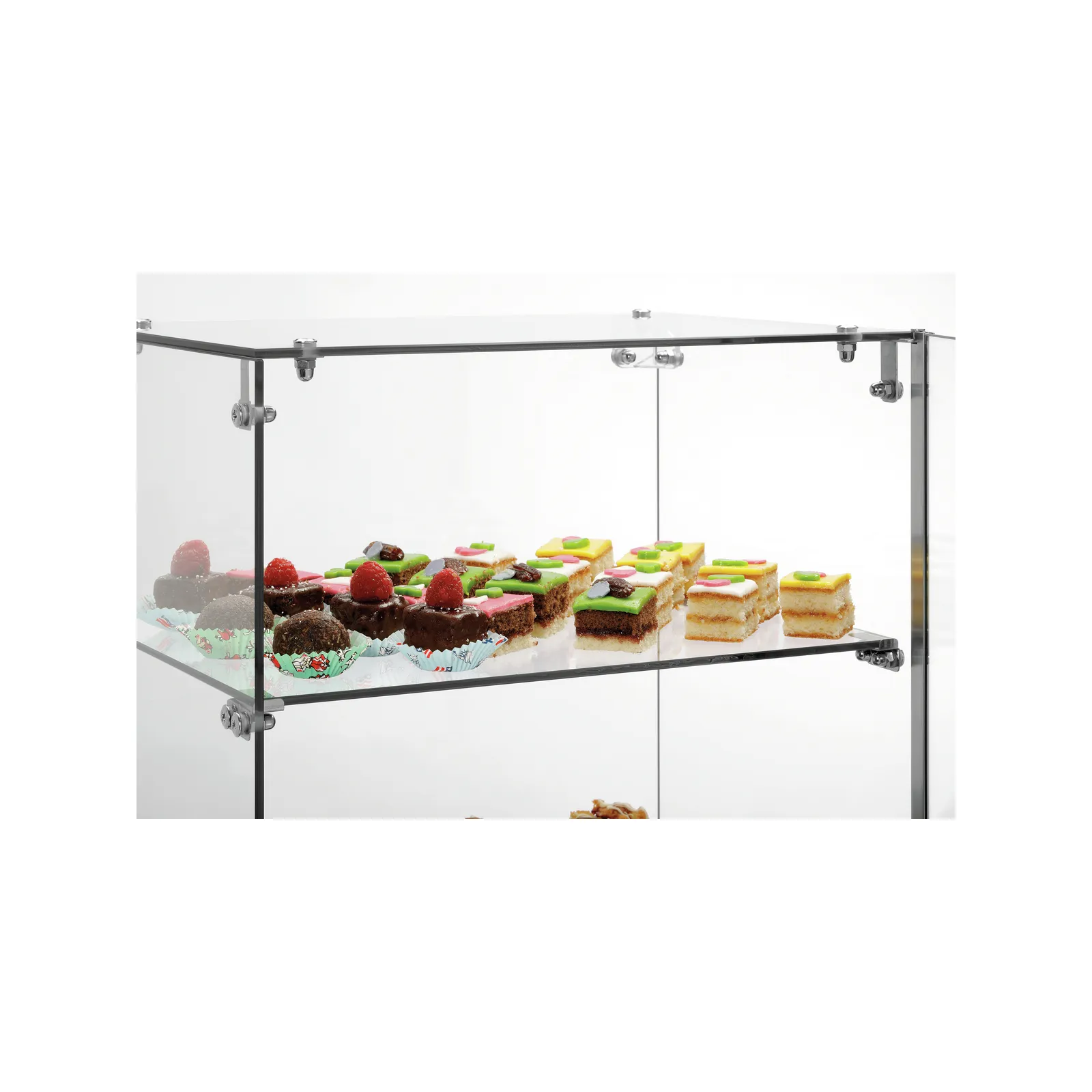 Bartscher 700357 Buffetvitrine 3850 3E-K Ansicht nah mit Essen, Glasregal, Auslage, Kuchenständer, Tür-/Vitrinars, Dessertplatte
