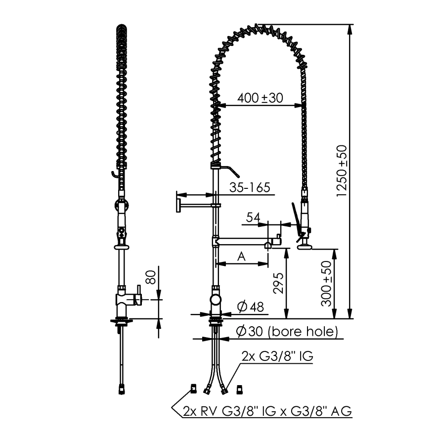 Echtermann 321-102/220-295/1250 321-102/270-295/1250 ClassicClean Geschirrbrause mit Schwenkauslauf Zeichnung, kitchen faucet, spülkopf, schwenkbrause, hochdruck_gas, einhebelmischer