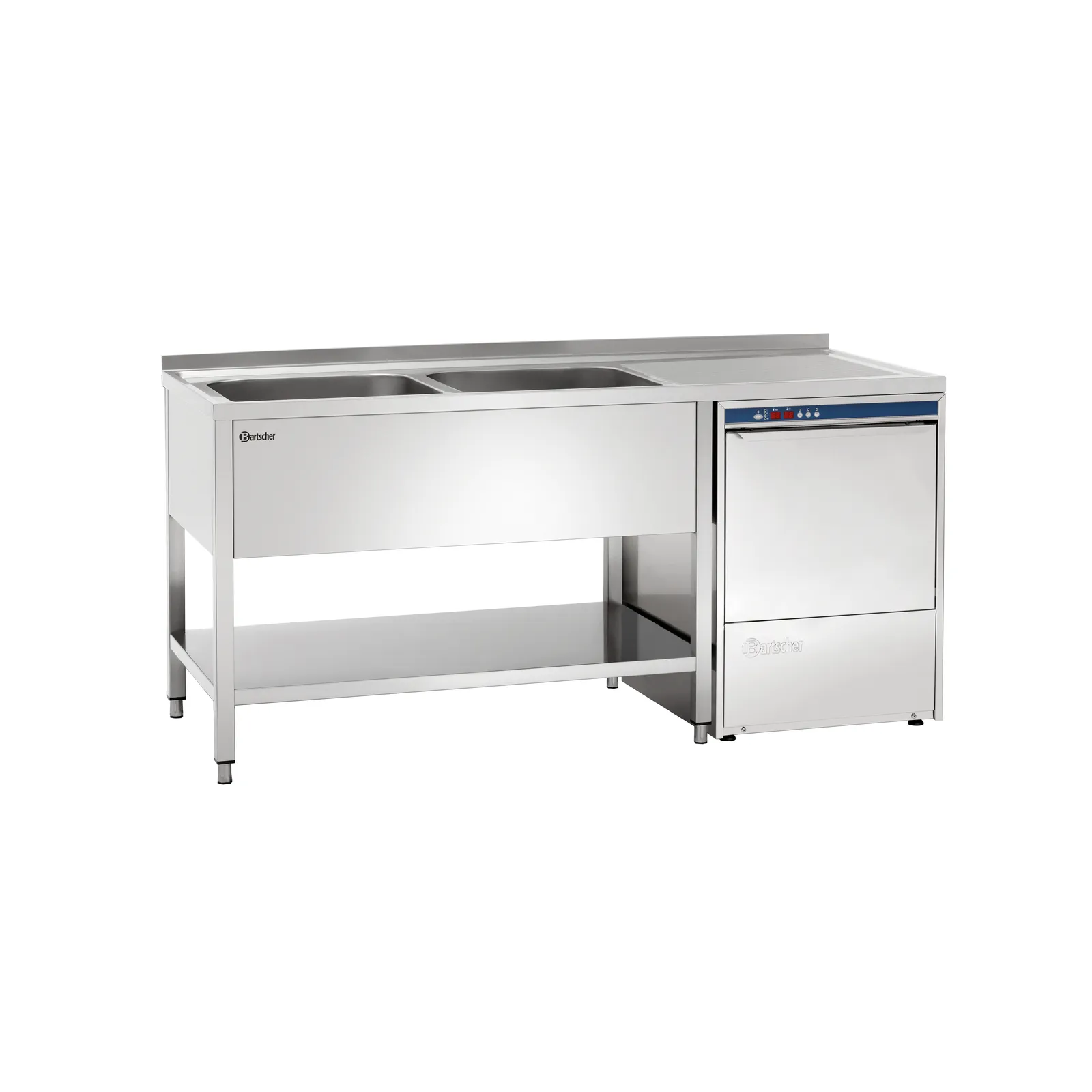 Bartscher 306350 Spülcenter 700 B1600 2 Becken LI Ansicht Komplett mit Spülmaschine, induction table, Edelstahl, Doppelbecken, Arbeitsplatteneinheit, Schubladenkombination