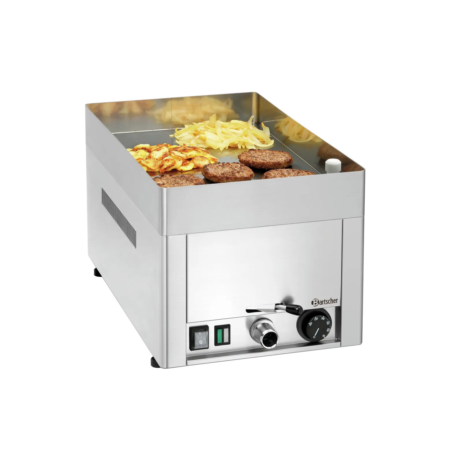 Bartscher 370205 Multibräter 300 Ansicht Komplett mit Essen, Gewerbe-Fritteuse, Friteuse, Gehäuse aus Edelstahl, Schwenkregler, Mini-Fritteuse