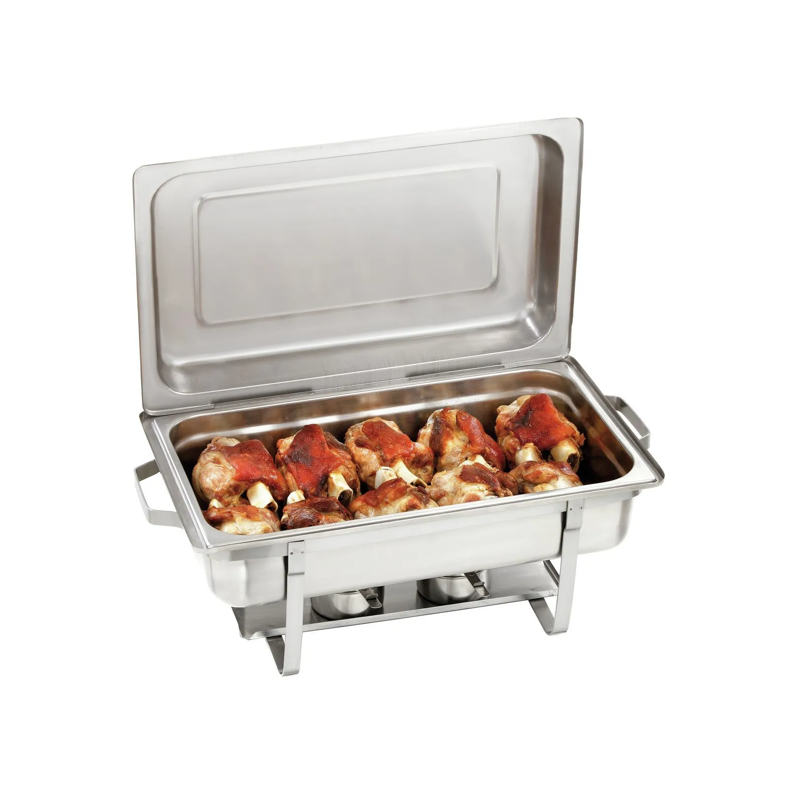 Bartscher 500494 Chafing-Dish 1/1 BP XL Ansicht Komplett geöffnet mit Essen, Grillpfanne, Chafing Dish, Metall, Hähnchenstücke, Rostbraun