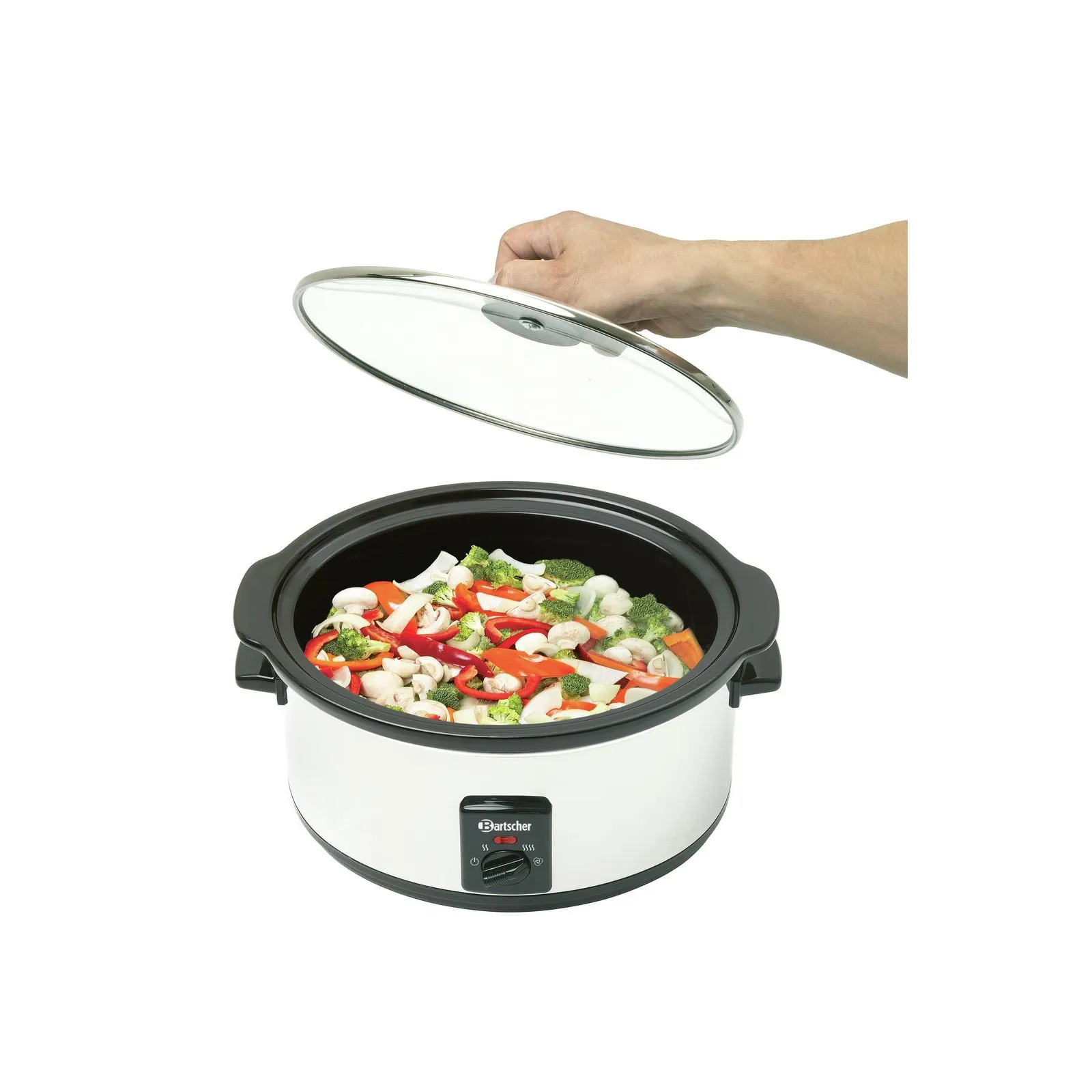 Bartscher A100265 Speisenwaermer Ansicht offener Deckel mit Essen, Slow cooker, Kochgeschirr, Stahlkessel, Glasklappdeckel, Gemüse