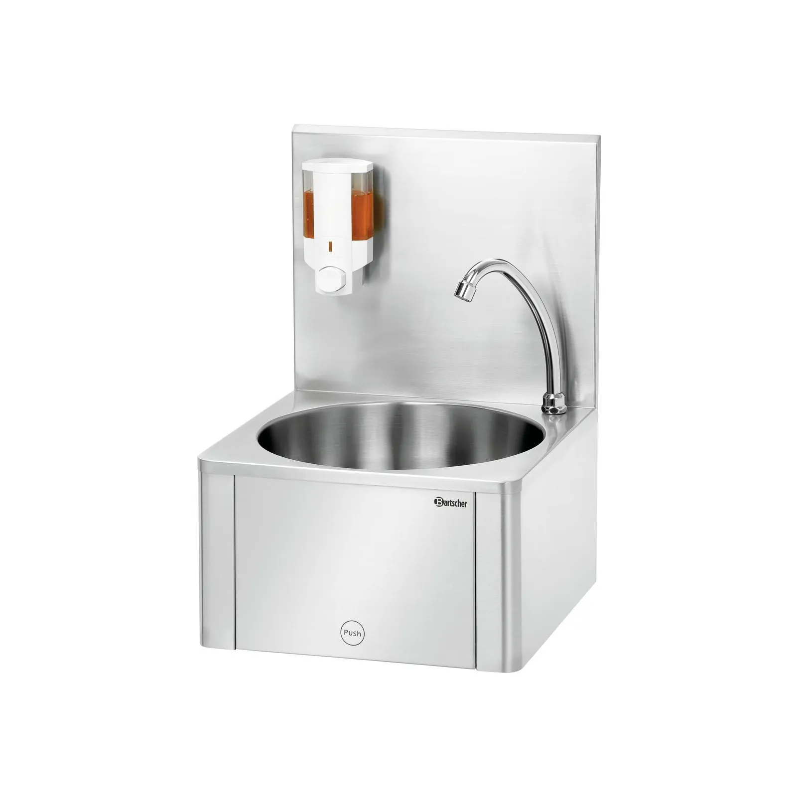 Bartscher 401621 Handwaschbecken W10-KB Plus Ansicht Komplett voller Seifenspender, Edelstahl-Spüle, Händewaschstation, Wandschüsselspender, Industrielle Spüle, Push-Tür