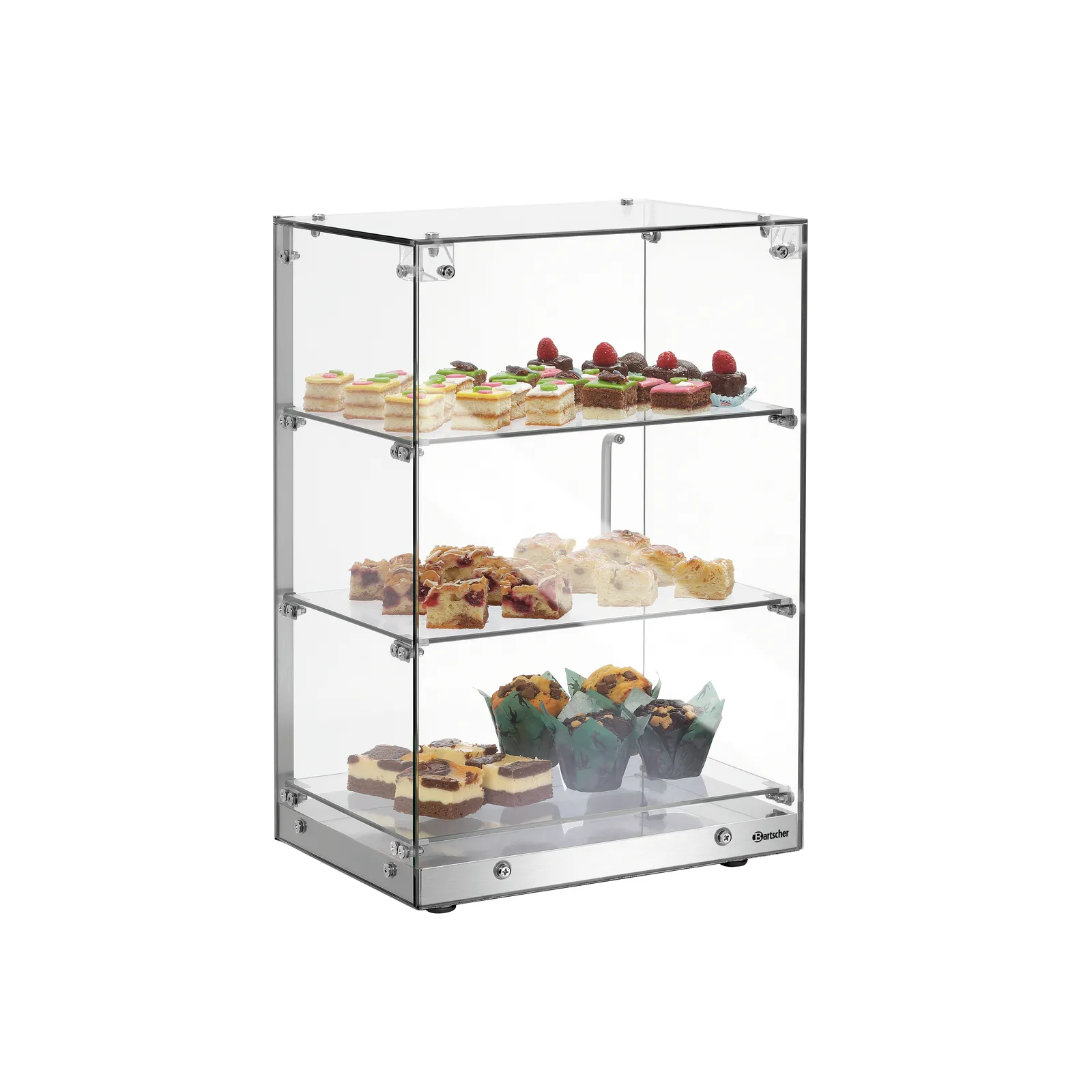 Bartscher 700357 Buffetvitrine 3850 3E-K Ansicht Komplett mit Essen, glasvitrine, baksetische, ausstellungsregal, dessert display, multi level