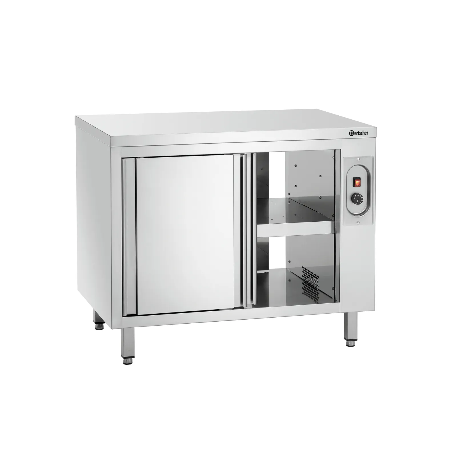 Bartscher 346107 Wärmeschrank 700-4T 1000 Ansicht Komplett, geöffnet, saladette, Edelstahl, Schrank, Warmhaltefach, Garg?