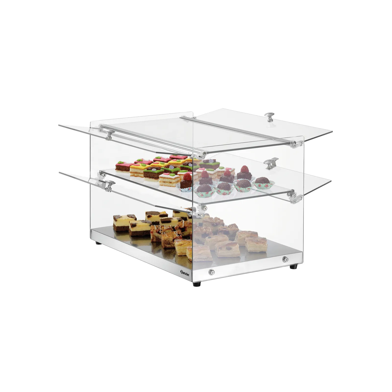 Bartscher 700356 Buffetvitrine 5400 2E-K Ansicht Komplett mit Essen offen, Display case, Acrylglas, Desserts, Backwaren, Drei Ebenen