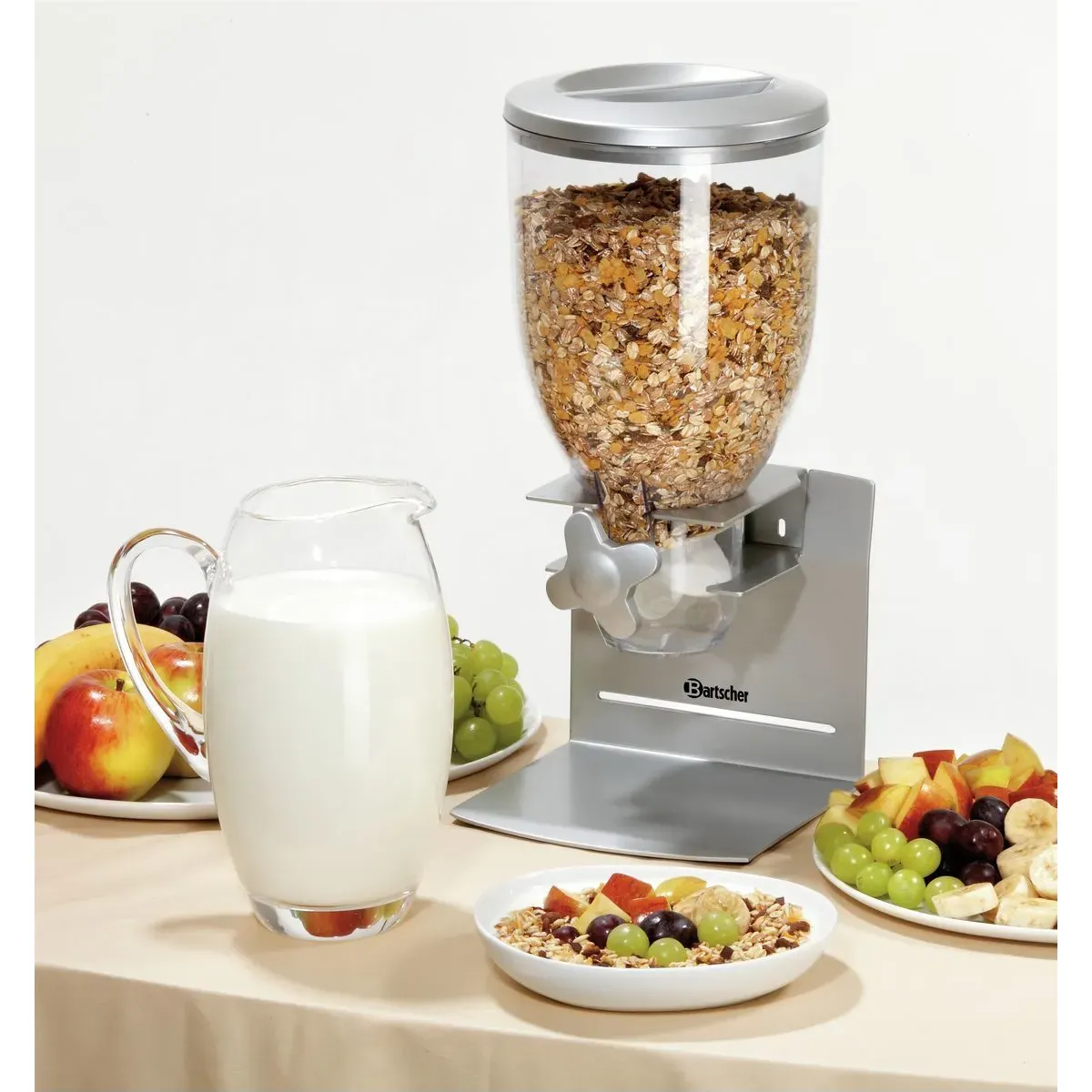 Bartscher 500377 Cerealienspender 1-fach Ansicht Komplett gefüllt auf Buffet, Getreidevollkorn, Müslimaschine, Granola-Mühle, Kornspender, Haferflocken-Mühle