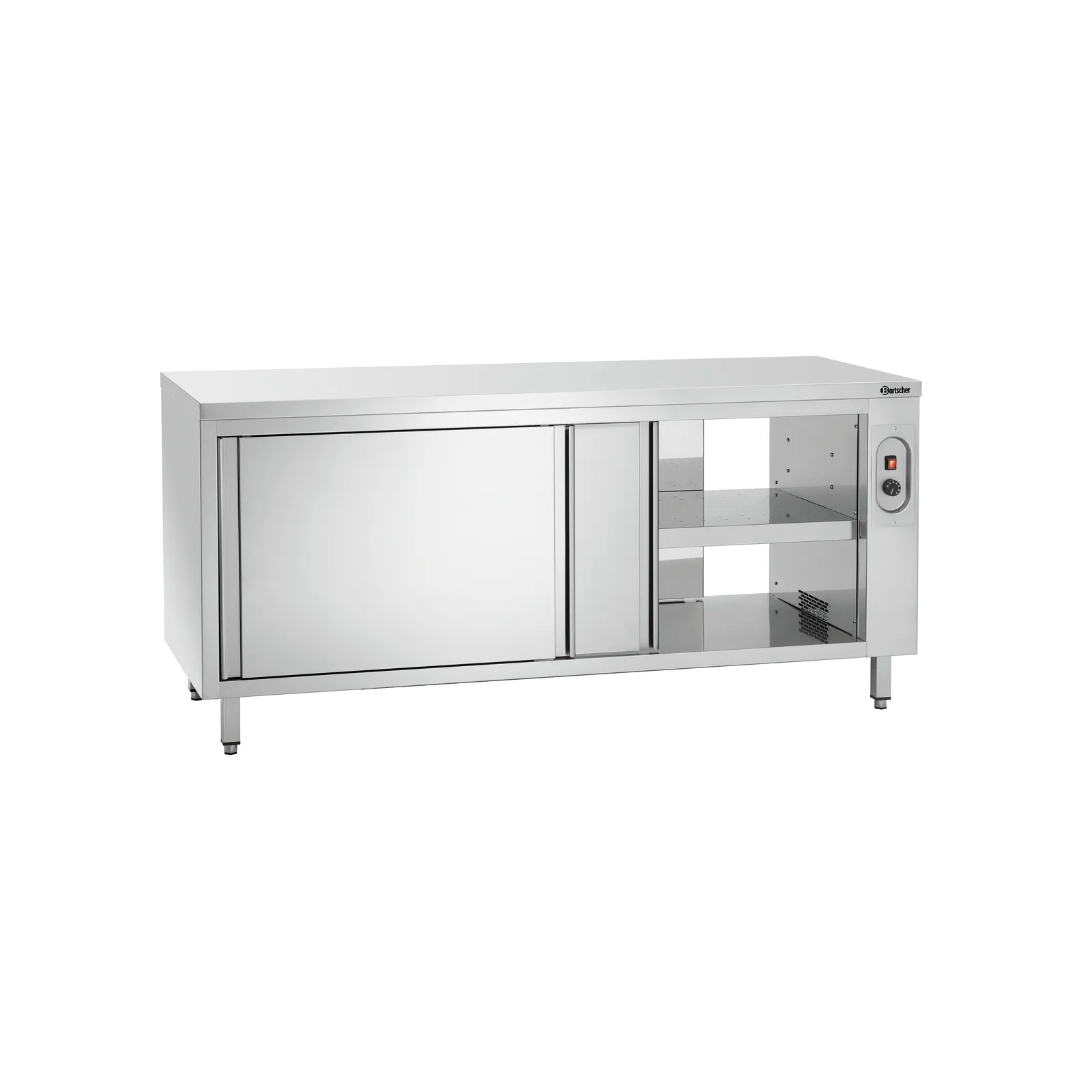 Bartscher 346187 Wärmeschrank 700-4T 1800 Ansicht Komplett, geöffnet, Stahlkühlschrank, Küchenunit, Schiebetür, Regalboden, Stainless steel