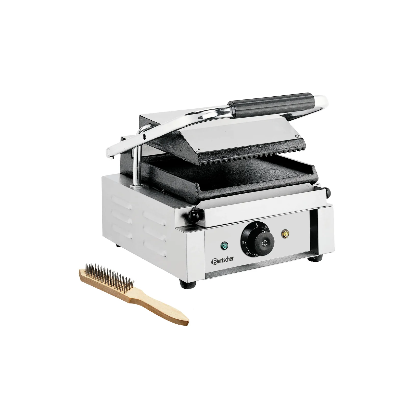 Bartscher A150668 Kontaktgrill Glatt Gerillt Ansicht Komplett mit Bürste