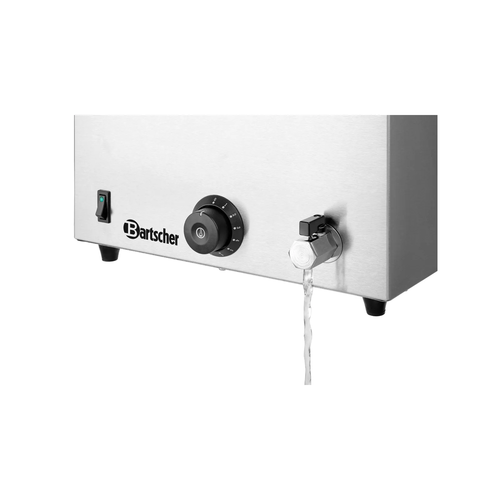 Bartscher 200207 Bain Marie 1/1GN 200mm mit Hahn Nahansicht Bedienelemente, gas-grill, Bedienknopf, Metallgehäuse, Wasserhahn, Markenlogo